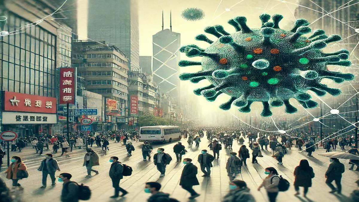 DALL·E 2025-01-08 11.48.05 - An illustrative image for a news article about the human metapneumovirus (HMPV) outbreak in China. The image should feature a busy street in China wit